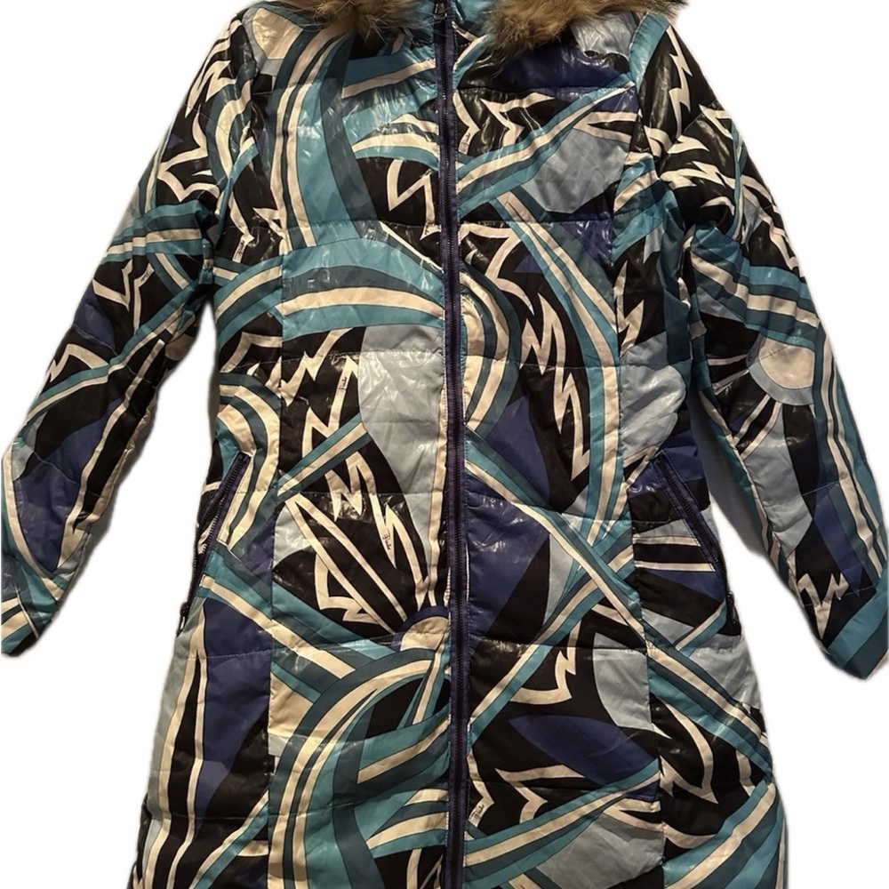 Emilio Pucci Iconic Multicolored Patterned Puffer Coat Jacket w/Fur Hood 6/Small